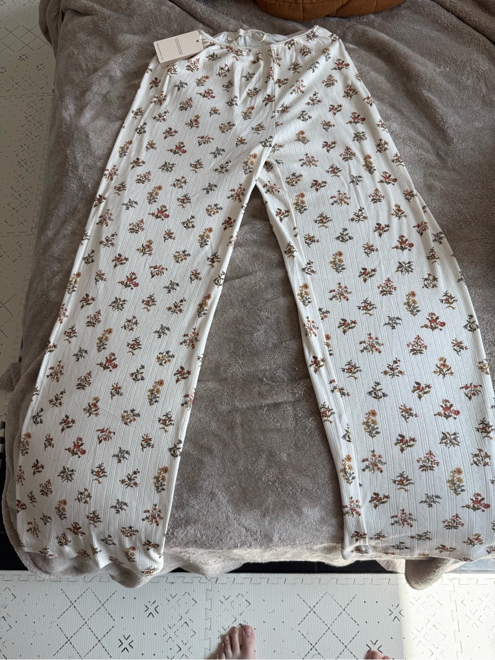 Doen Lavon Pointelle Pant - Floral Ribbed Lounge Pants - Creme Petit Palais